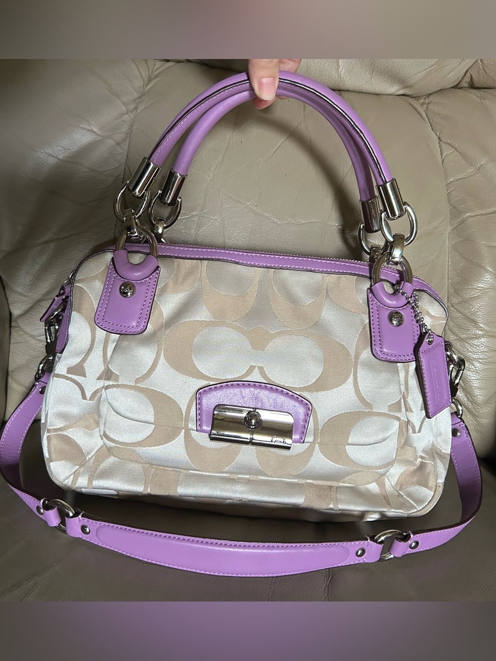 Coach Kristen F22305 Double Zip/2 Section Satchel w Strap Purple Trim